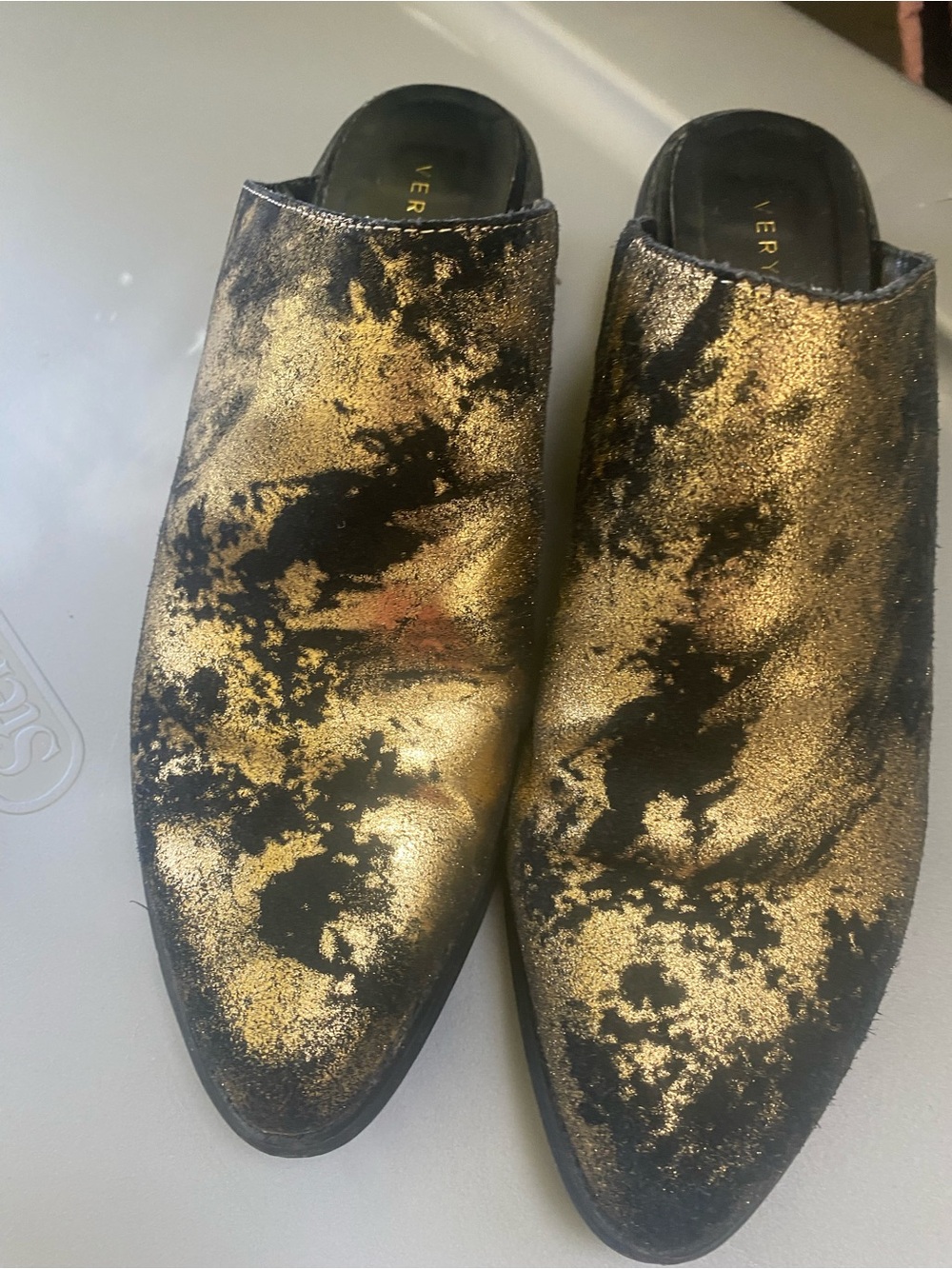 Very Volatile Gold and Black Velvet Mules